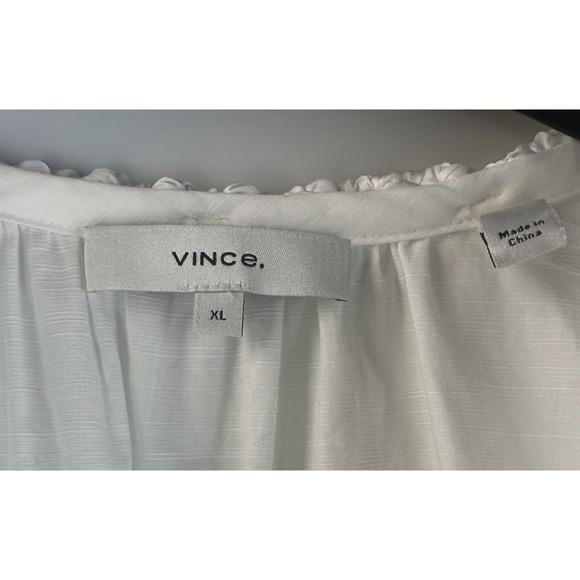Vince Women's Braid Trim Band Collar Blouse White Button up Top Deep V-Neck XL - Picture 13 of 16